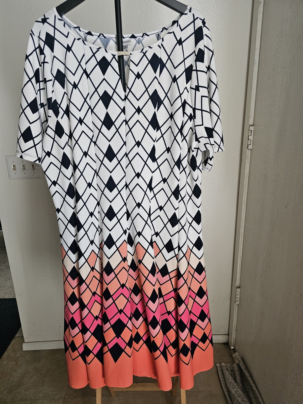 Avenue White and Black Diamond Print Dress with Pink-Orange Ombre Hem